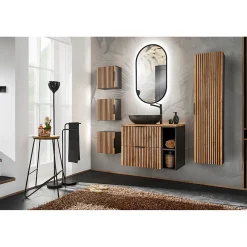 Colonne De Salle De Bains|Meublorama Colonne de salle de bain KINOKO 1 porte Finition lattes effet bois naturel et noir L35 x P25 x H140 cm Meuble suspendu
