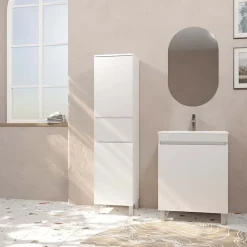 Aurlane Colonne de Salle de Bain en Mélaminé Blanc - 35x32x150 cm - 2 Portes + 1 Tiroir