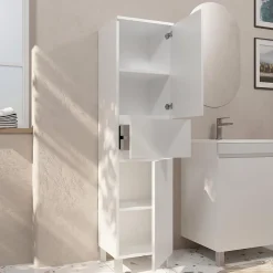 Aurlane Colonne de Salle de Bain en Mélaminé Blanc - 35x32x150 cm - 2 Portes + 1 Tiroir