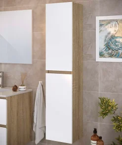 T-Bath Colonne de salle de bain NELI 2 portes 140x30x27 cm chêne et blanc