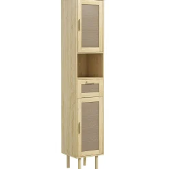 Colonne De Salle De Bains|Homcom Colonne de salle de bain style bohème H. 170 cm - 2 portes, étagères, tiroir, niche - effet rotin bois clair