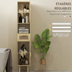 Colonne De Salle De Bains|Homcom Colonne de salle de bain style bohème H. 170 cm - 2 portes, étagères, tiroir, niche - effet rotin bois clair