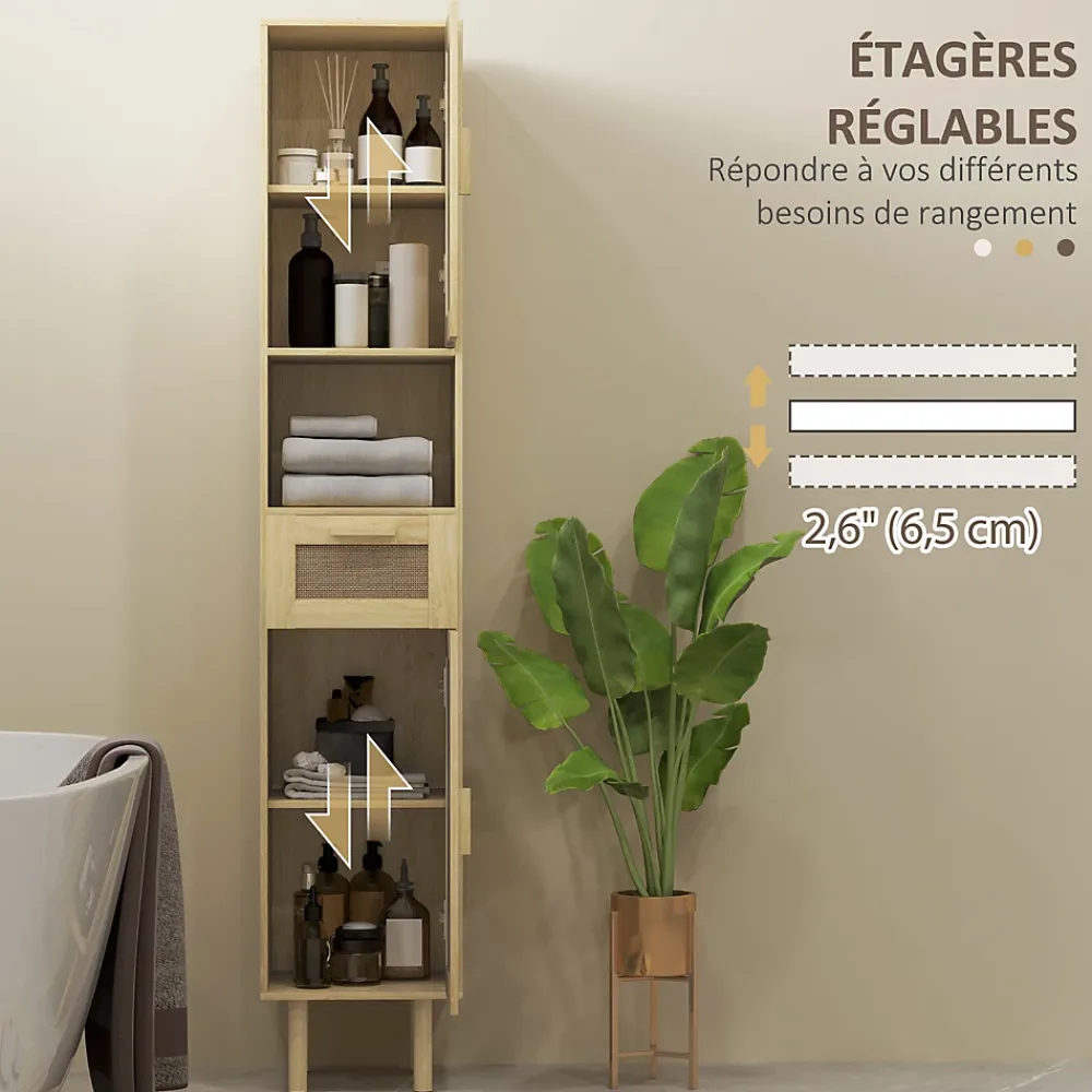 Colonne De Salle De Bains|Homcom Colonne de salle de bain style bohème H. 170 cm - 2 portes, étagères, tiroir, niche - effet rotin bois clair
