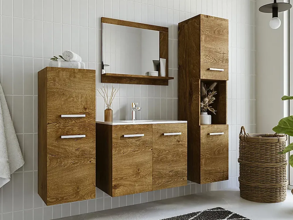 Colonne De Salle De Bains|Vente-unique Colonne de salle de bain suspendue effet bois avec niche de rangement - L30 x P30 x H133 cm - MIELA II