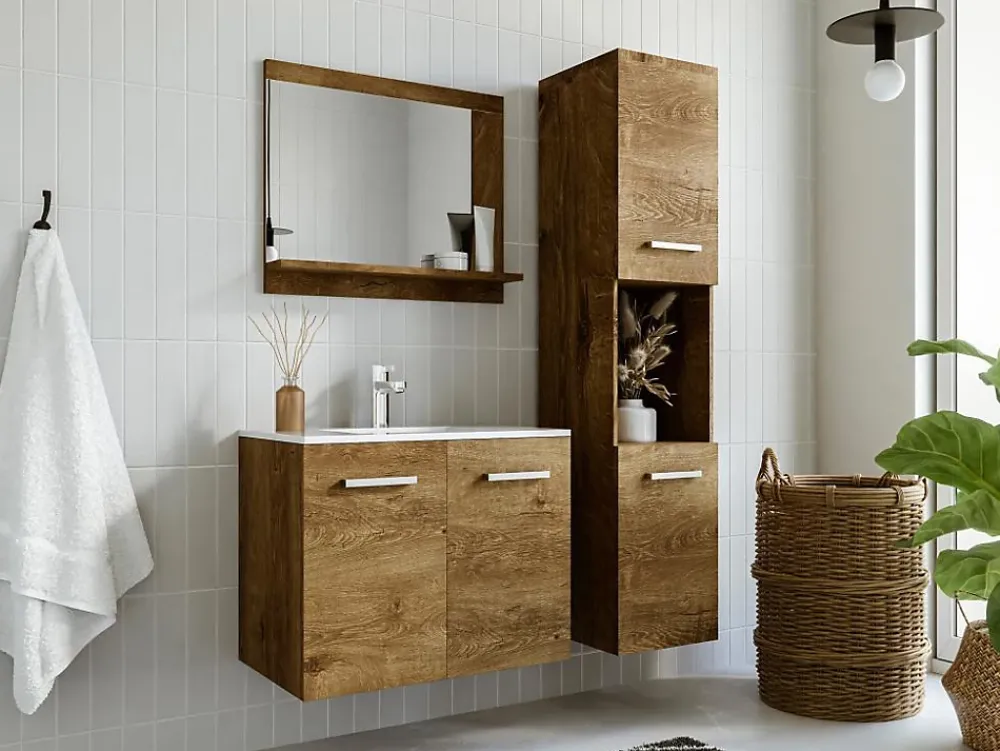 Colonne De Salle De Bains|Vente-unique Colonne de salle de bain suspendue effet bois avec niche de rangement - L30 x P30 x H133 cm - MIELA II