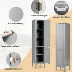Colonne De Salle De Bains|Giantex Colonne de Salle de Bain avec 2 Portes 5 étagères Dispositif Anti basculement Armoire Haute de Toilette Gris