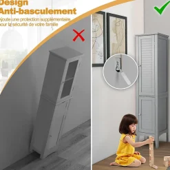 Colonne De Salle De Bains|Giantex Colonne de Salle de Bain avec 2 Portes 5 étagères Dispositif Anti basculement Armoire Haute de Toilette Gris
