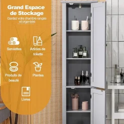 Colonne De Salle De Bains|Giantex Colonne de Salle de Bain avec 2 Portes 5 étagères Dispositif Anti basculement Armoire Haute de Toilette Gris