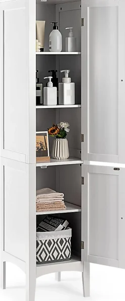 Colonne De Salle De Bains|Giantex Colonne de Salle de Bain avec 2 Portes 5 étagères Dispositif Anti basculement Armoire Haute de Toilette Blanc