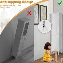 Colonne De Salle De Bains|Giantex Colonne de Salle de Bain avec 2 Portes 5 étagères Dispositif Anti basculement Armoire Haute de Toilette Blanc