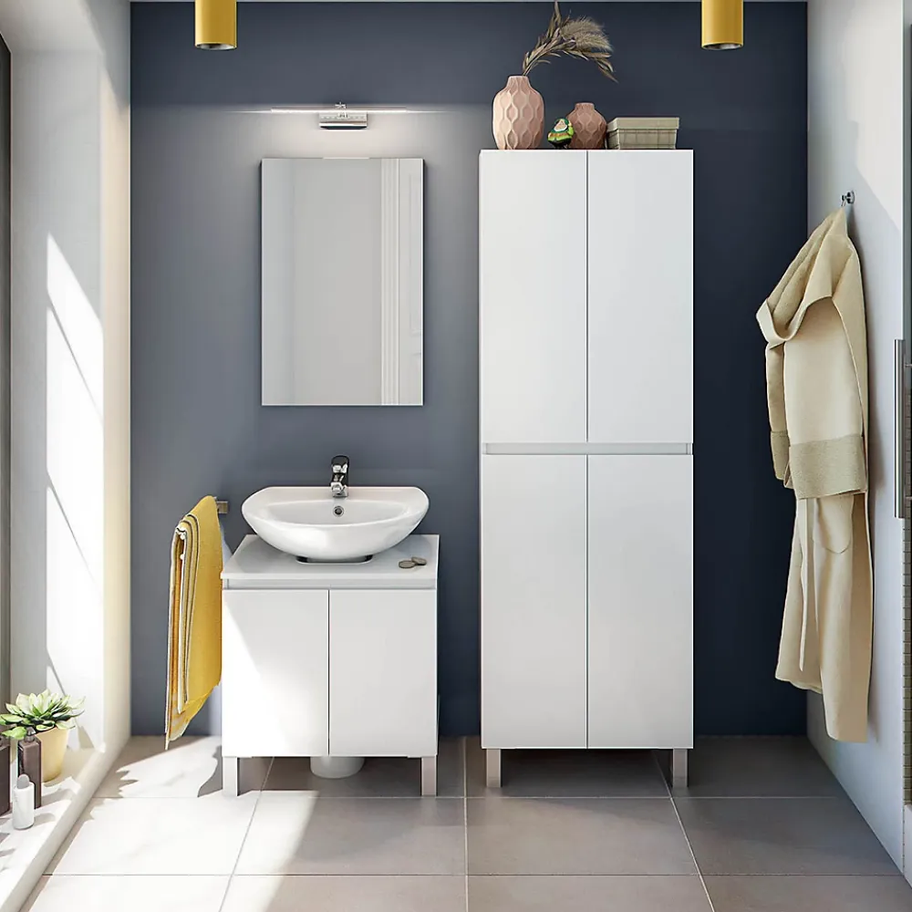 Colonne De Salle De Bains|Pegane Colonne de salle de bain avec 4 portes sans poignée coloris blanc - Longueur 60 x Profondeur 35 x Hauteur 182 cm