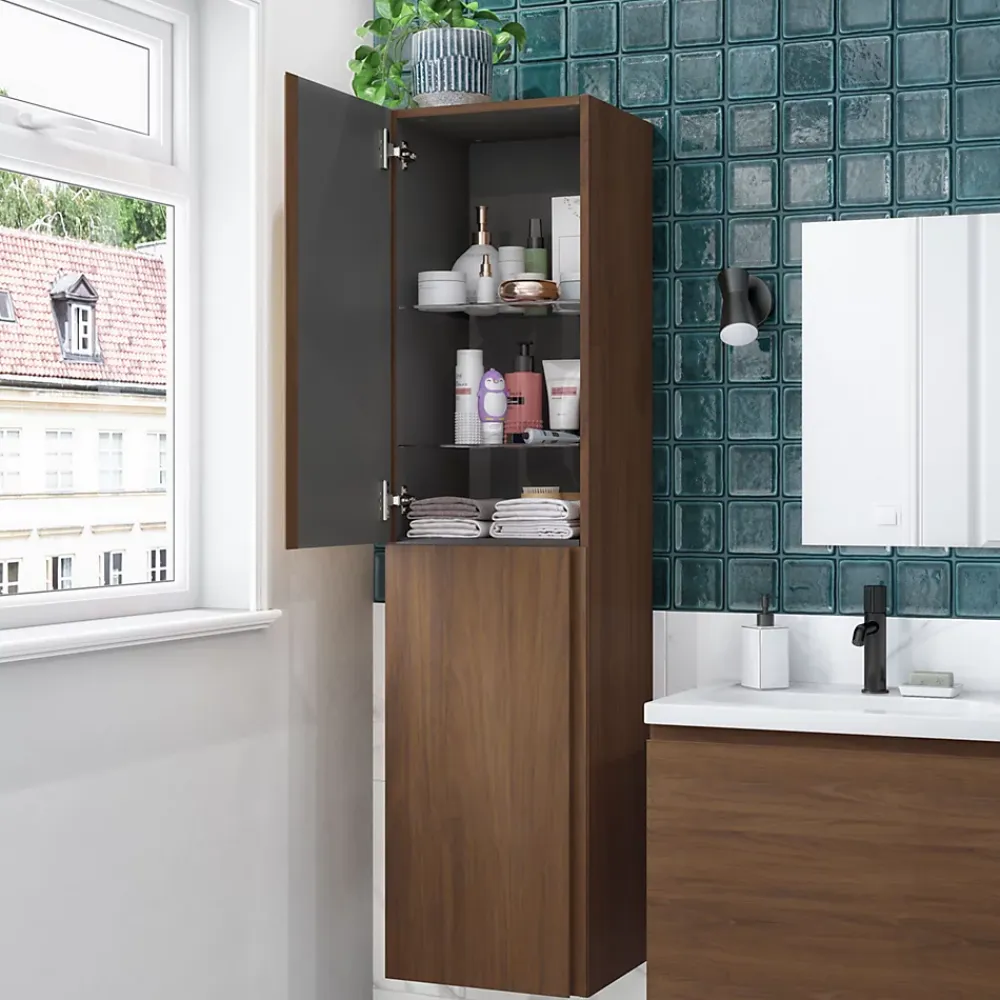Colonne De Salle De Bains|GoodHome Colonne de salle de bains effet noyer 2 portes l.40 x H.160 x P.36 cm Levanna