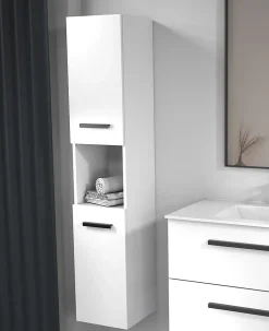 Futurbath Colonne de salle de bains suspendue blanche l.30 x H.150 x P.30 cm, 2 portes amorties et 1 niche, Pedro