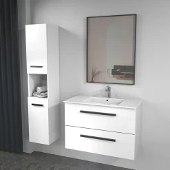 Futurbath Colonne de salle de bains suspendue blanche l.30 x H.150 x P.30 cm, 2 portes amorties et 1 niche, Pedro