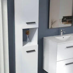 Futurbath Colonne de salle de bains suspendue blanche l.30 x H.150 x P.30 cm, 2 portes amorties et 1 niche, Pedro