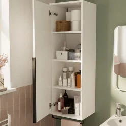 Colonne De Salle De Bains|Meuble De Salle De Bains Faible Profondeur|GoodHome Colonne de salle de bains suspendue avec porte-serviettes blanc mat l.36 x H.115 x P.30 cm, Maza