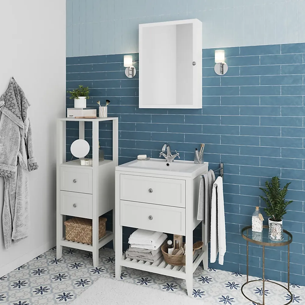 Colonne De Salle De Bains|GoodHome Colonne de salle de bains à poser 2 tiroirs et 2 niches blanc mat L.40 x H.120 x P.36 cm, Perma