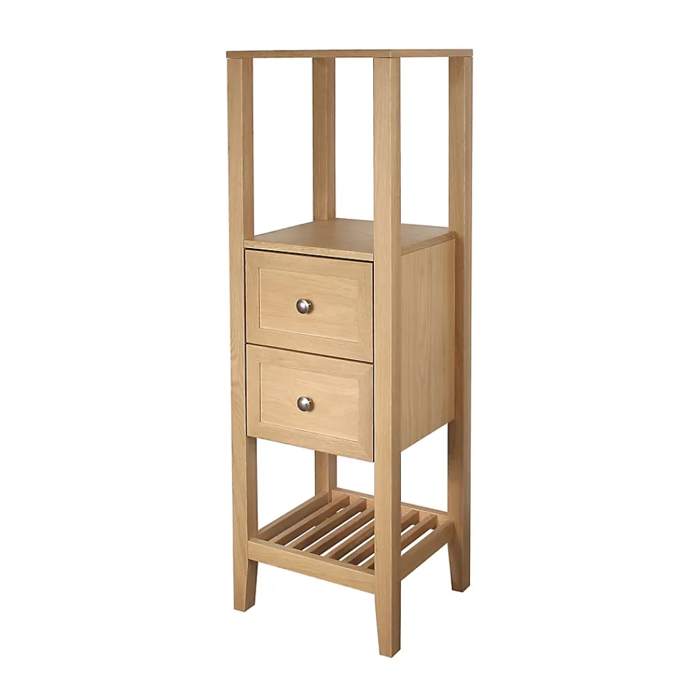 Colonne De Salle De Bains|GoodHome Colonne de salle de bains à poser 2 tiroirs et 2 niches placage chêne l.40,2 x H.120,6 x P.36,2 cm, Perma