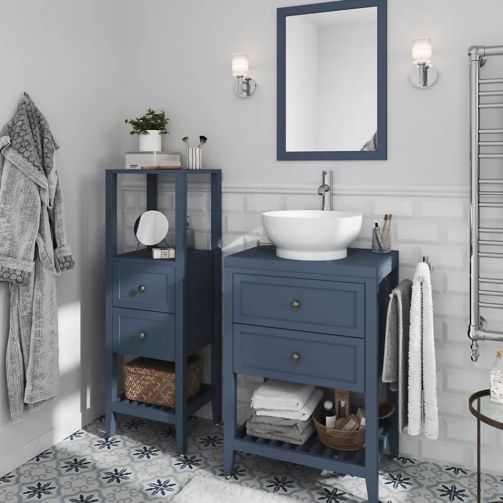 Colonne De Salle De Bains|GoodHome Colonne de salle de bains à poser 2 tiroirs et 2 niches bleu mat L.40 x H.120 x P.36 cm, Perma