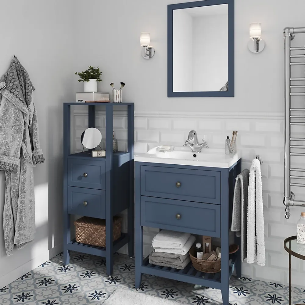 Colonne De Salle De Bains|GoodHome Colonne de salle de bains à poser 2 tiroirs et 2 niches bleu mat L.40 x H.120 x P.36 cm, Perma