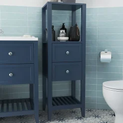 Colonne De Salle De Bains|GoodHome Colonne de salle de bains à poser 2 tiroirs et 2 niches bleu mat L.40 x H.120 x P.36 cm, Perma