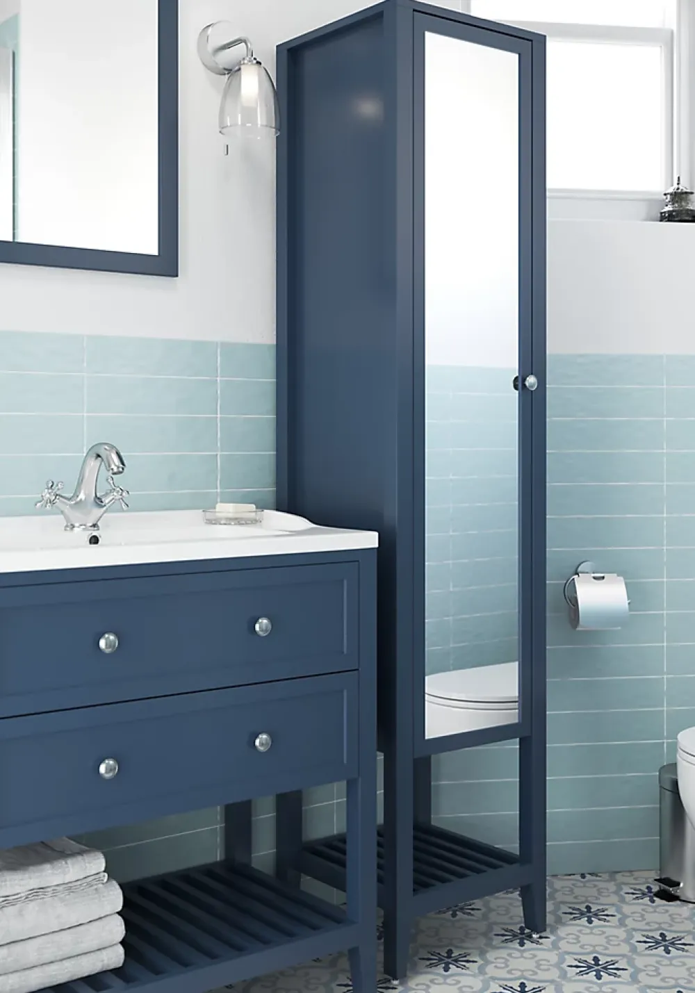 Colonne De Salle De Bains|GoodHome Colonne de salle de bains à poser avec miroir bleu mat l.40,2 x H.185 x P.36,1 cm, Perma