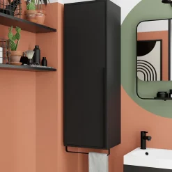 Colonne De Salle De Bains|Meuble De Salle De Bains Faible Profondeur|GoodHome Colonne de salle de bains suspendue avec porte-serviettes noir mat l.36 x H.115 x P.30 cm, Maza