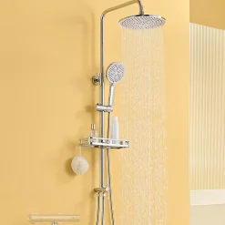 Robinet De Baignoire|Auralum Max Colonne Douche avec Étagère Sans Robinet en Inox Chromée- Ensemble Mural Réglable Avec Pommeau Effet Pluie Rond 25 CM