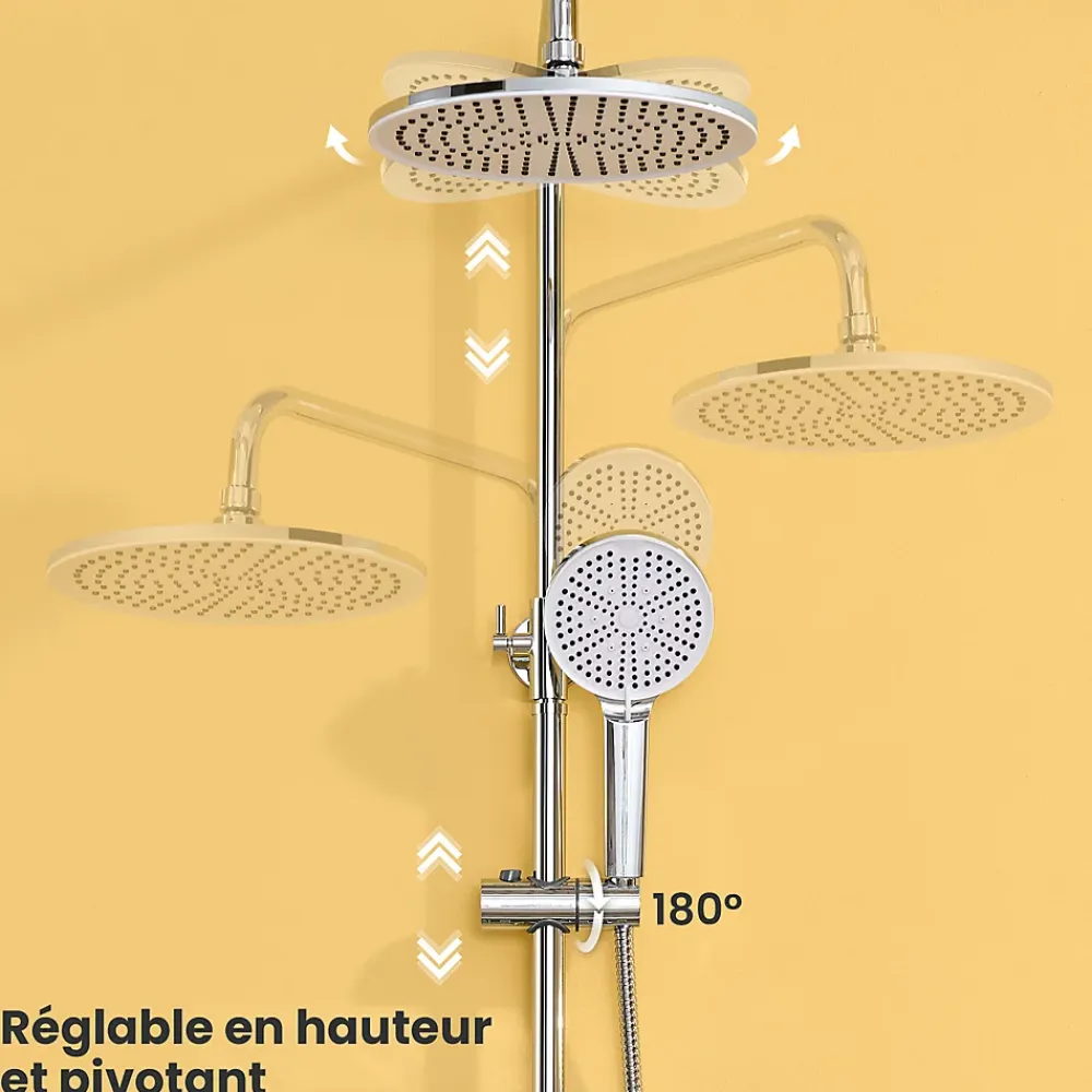 Robinet De Baignoire|Auralum Max Colonne Douche avec Étagère Sans Robinet en Inox Chromée- Ensemble Mural Réglable Avec Pommeau Effet Pluie Rond 25 CM