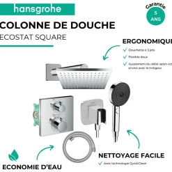 Colonne De Douche Encastrable|Hansgrohe Colonne douche thermostatique Ecostat Square Douche de tête Vernis Shape Flexible Isiflex Douchette Pulsify chromé