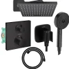 Hansgrohe Colonne douche thermostatique Ecostat Square Douche de tête Vernis Shape Flexible Designflex Douchette Pulsify noir mat