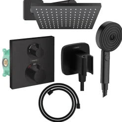 Hansgrohe Colonne douche thermostatique Ecostat Square Douche de tête Vernis Shape Flexible Designflex Douchette Pulsify noir mat