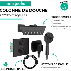 Hansgrohe Colonne douche thermostatique Ecostat Square Douche de tête Vernis Shape Flexible Designflex Douchette Pulsify noir mat