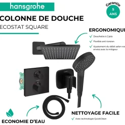 Colonne De Douche Encastrable|Hansgrohe Colonne douche thermostatique Ecostat Square Douche de tête Vernis Flexible Isiflex Douchette Vernis Blend noir