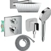 Hansgrohe Colonne douche thermostatique Ecostat Square Douche de tête Vernis Shape Flexible Metaflex Douchette Vernis Blend chromé