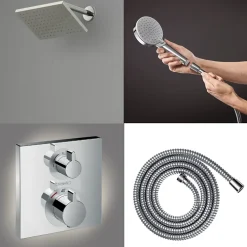 Hansgrohe Colonne douche thermostatique Ecostat Square Douche de tête Vernis Shape Flexible Metaflex Douchette Vernis Blend chromé