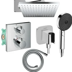 Hansgrohe Colonne douche thermostatique Ecostat Square Douche de tête Vernis Shape Flexible Designflex Douchette Pulsify chromé