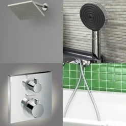 Hansgrohe Colonne douche thermostatique Ecostat Square Douche de tête Vernis Shape Flexible Designflex Douchette Pulsify chromé