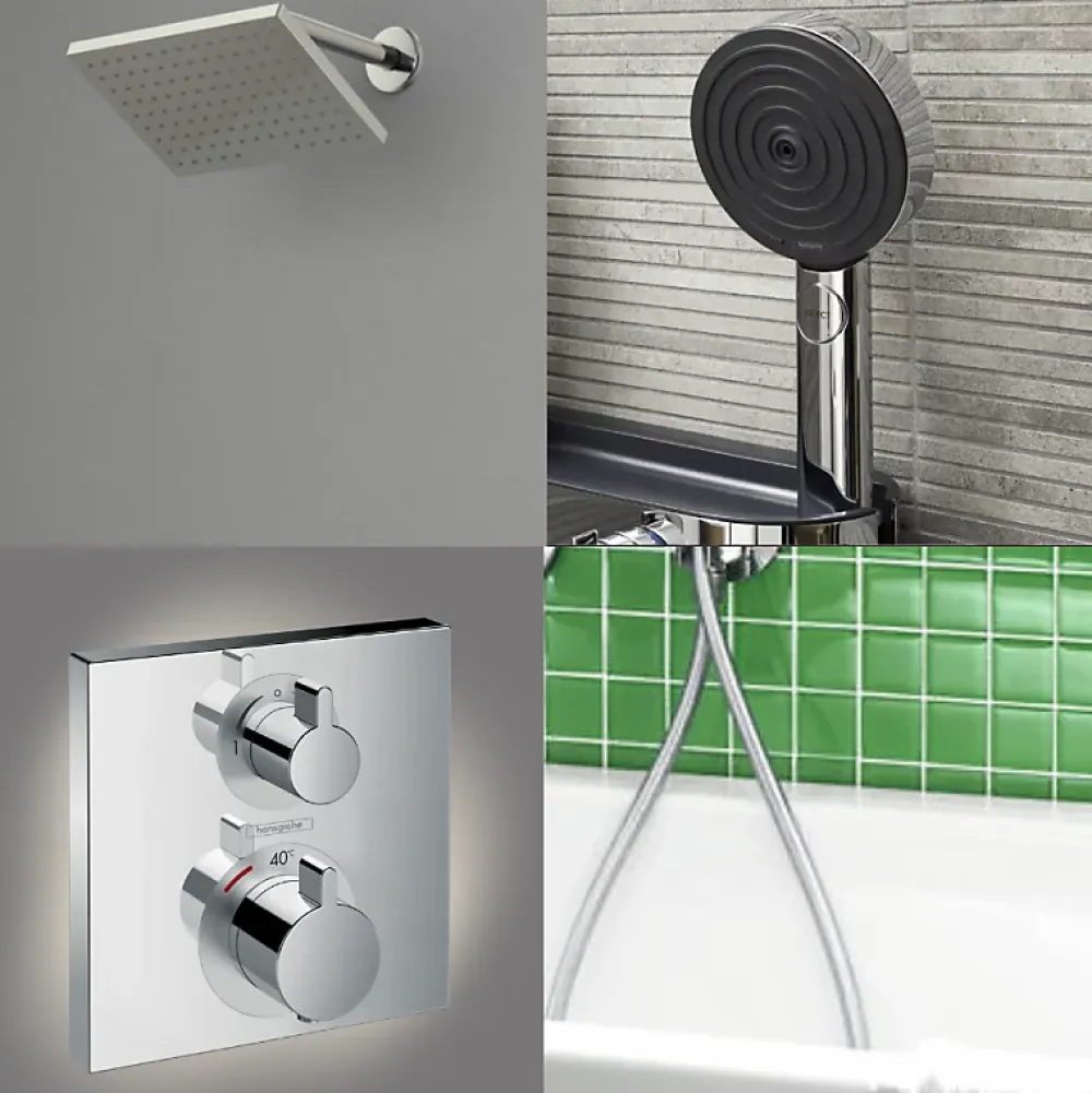 Hansgrohe Colonne douche thermostatique Ecostat Square Douche de tête Vernis Shape Flexible Designflex Douchette Pulsify chromé