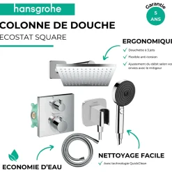 Hansgrohe Colonne douche thermostatique Ecostat Square Douche de tête Vernis Shape Flexible Designflex Douchette Pulsify chromé
