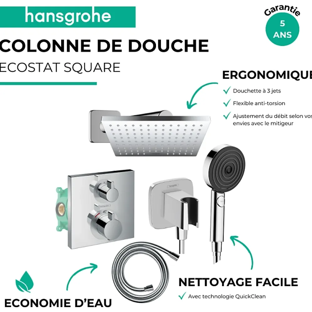 Hansgrohe Colonne douche thermostatique Ecostat Square Douche de tête Vernis Shape Flexible Designflex Douchette Pulsify chromé