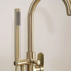Essebagno Colonne mitigeur mécanique de baignoire îlot + flexible + douchette, H.113 cm, doré,