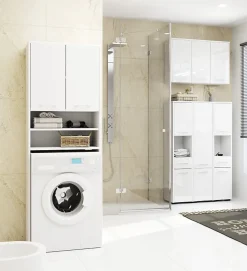 Armoire De Salle De Bains|3xE Living Colonne salle de bain, 2 armoires, 140 x 30 x 30 cm, blanc / blanc brillant
