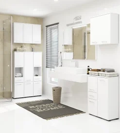 Armoire De Salle De Bains|3xE Living Colonne salle de bain, 2 armoires, 140 x 30 x 30 cm, blanc mat
