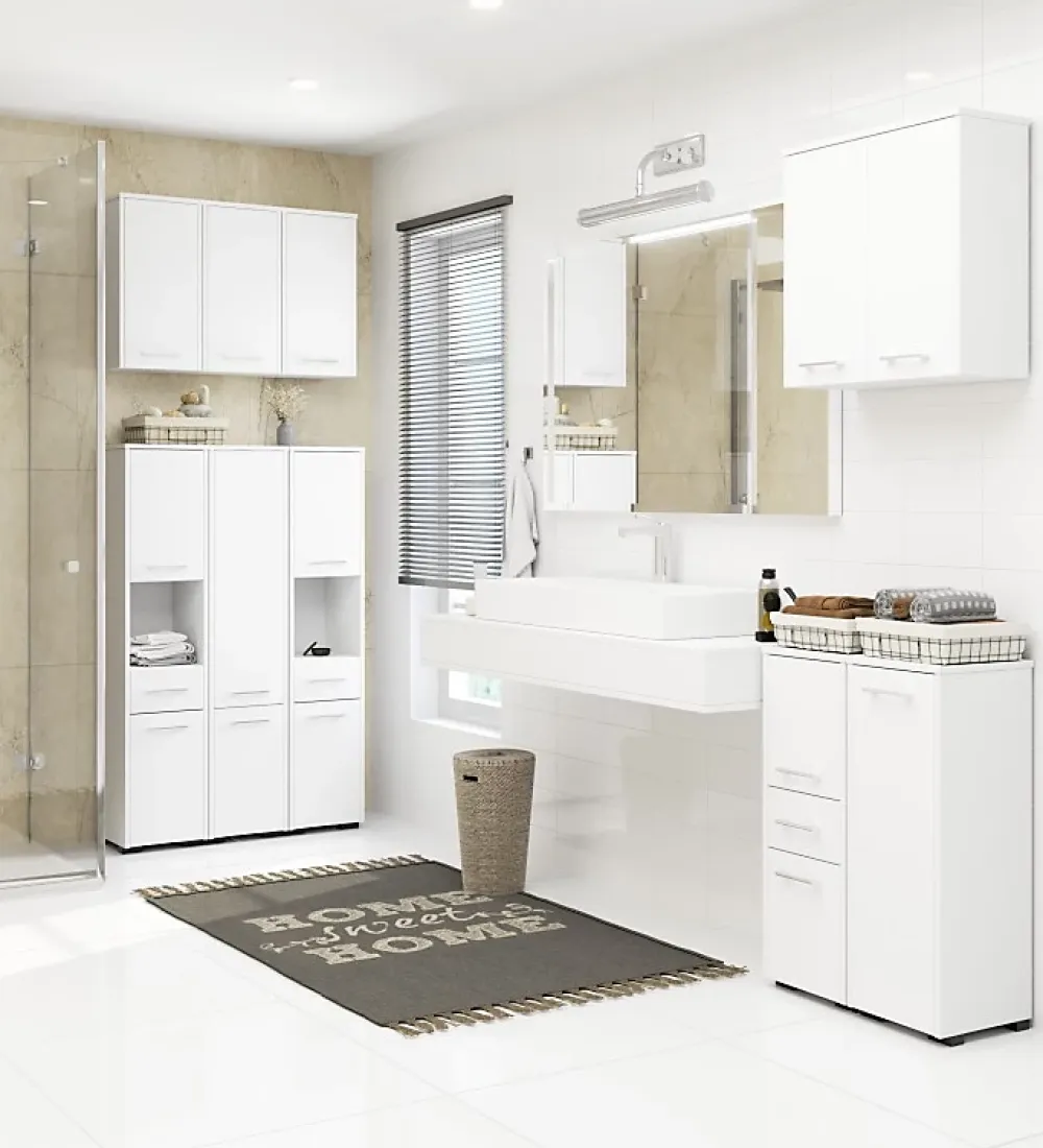 Armoire De Salle De Bains|3xE Living Colonne salle de bain, 2 armoires, 140 x 30 x 30 cm, blanc mat