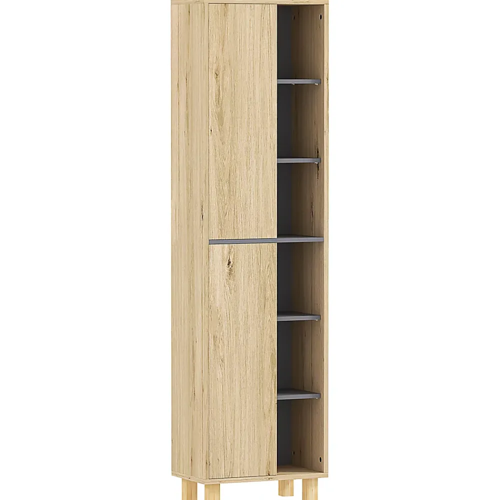 Colonne De Salle De Bains|Homcom Colonne salle de bain design H.148 cm - 2 portes, 4 étagères, 6 niches - gris effet bois clair naturel