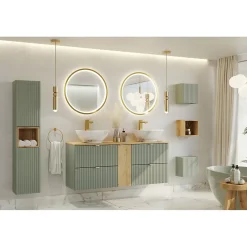 Meublorama Colonne salle de bain ELVINA 2 portes H140 cm Coloris vert sauge pastel Meuble suspendu
