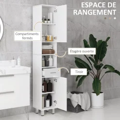 Colonne De Salle De Bains|kleankin Colonne salle de bain H.180cm façade blanc laqué 2 portes, 2 étagères, 2 niches, tiroir