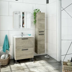 Pegane Colonne salle de bain Suspendue avec 2 Portes coloris Alaska chêne à nœuds - Hauteur 150 x Longueur 30 x Profondeur 25 cm