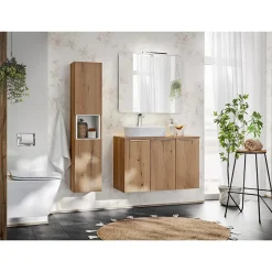 Meublorama Colonne salle de bain VANO 2 portes et 1 niche Chene L30 x P25 x H140 cm Meuble suspendu